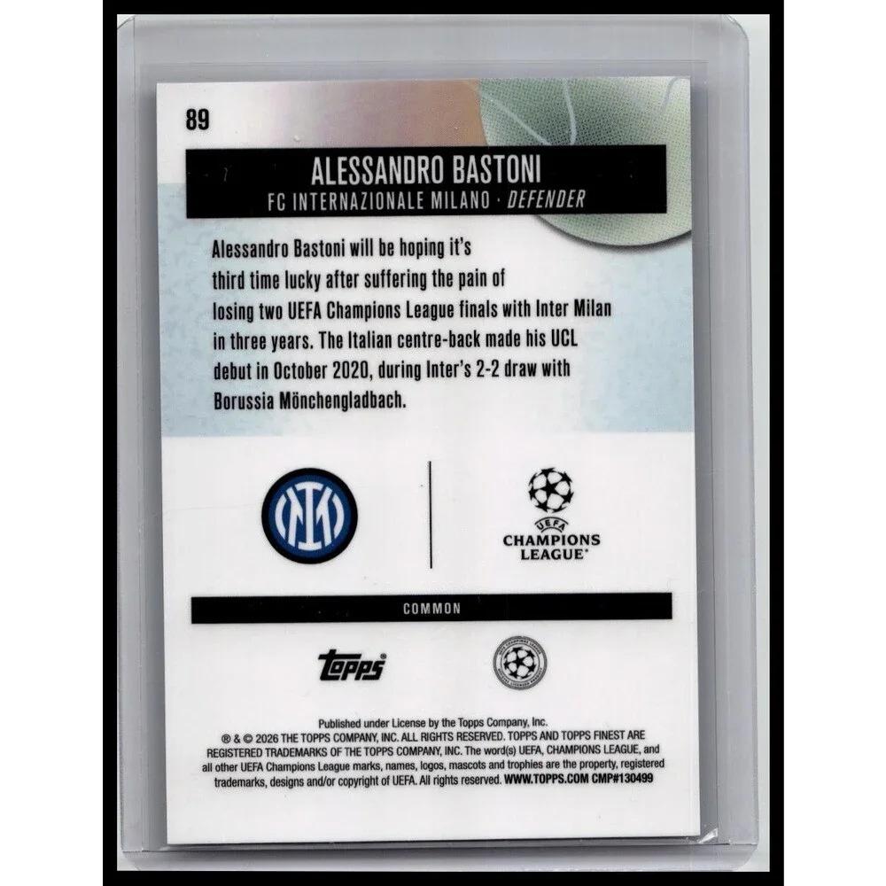2025-26 Finest UEFA Alessandro Bastoni #89 Inter Milan Blue Refractor #/200